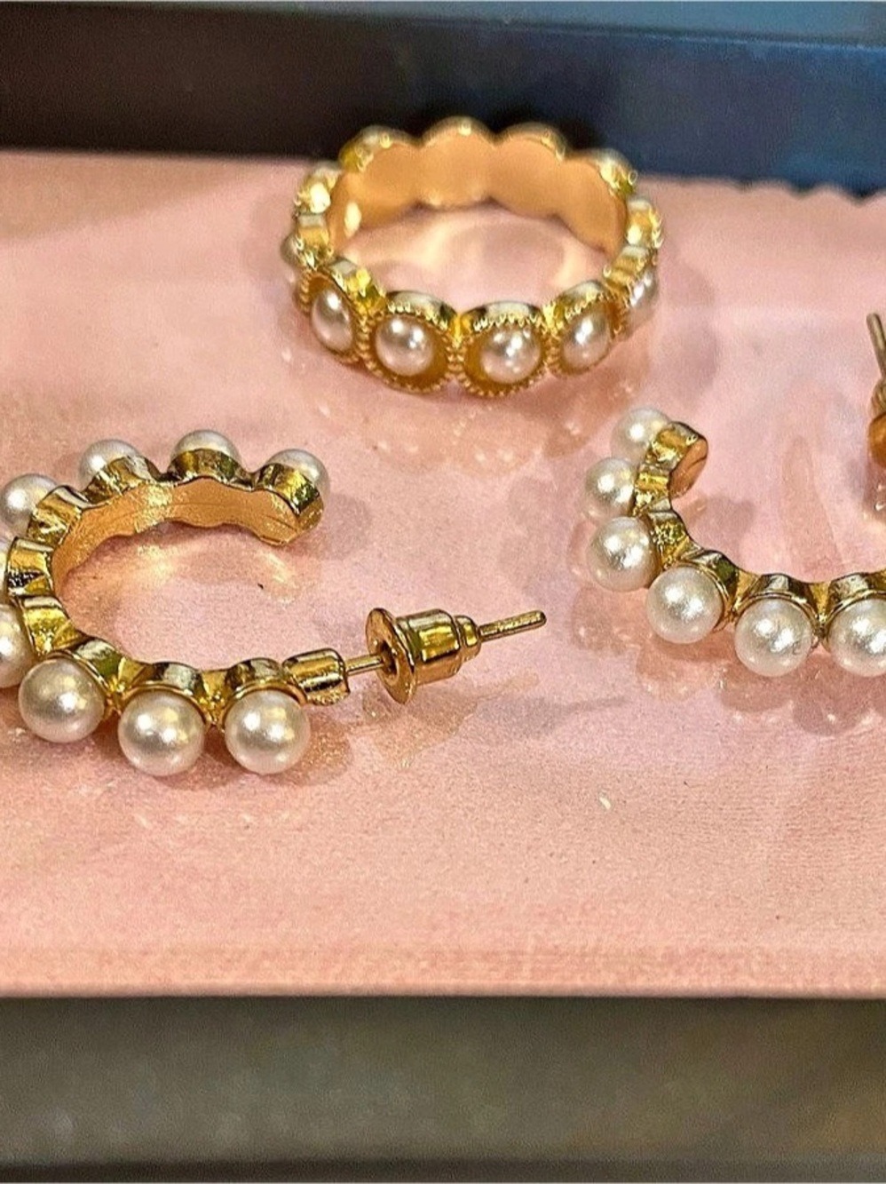 NWT 3 Piece Pearl & Golden Earrings & Ring Set